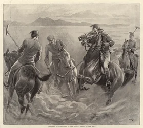 Officieren die polo spelen in het zand, waar is de bal